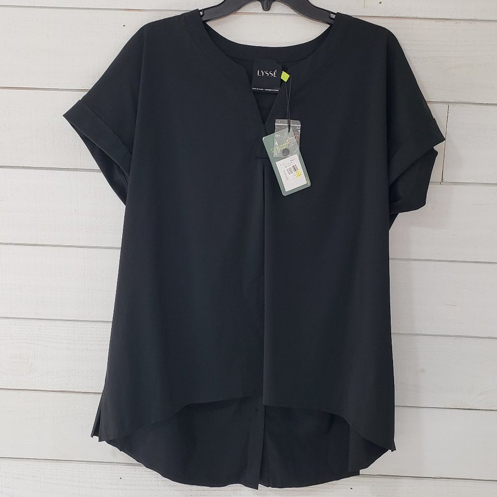 Lysse Womens Alessia Short Sleeve Top Button Back V-Neck Black Size Large NEW